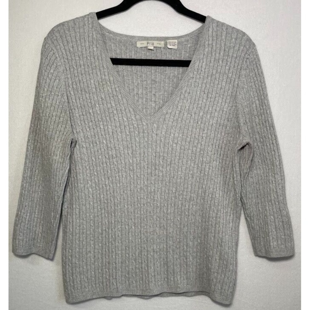 Pria Sweater Women Large‎ Gray 3/4 Sleeve V-Neck Knit Lightweight Casual